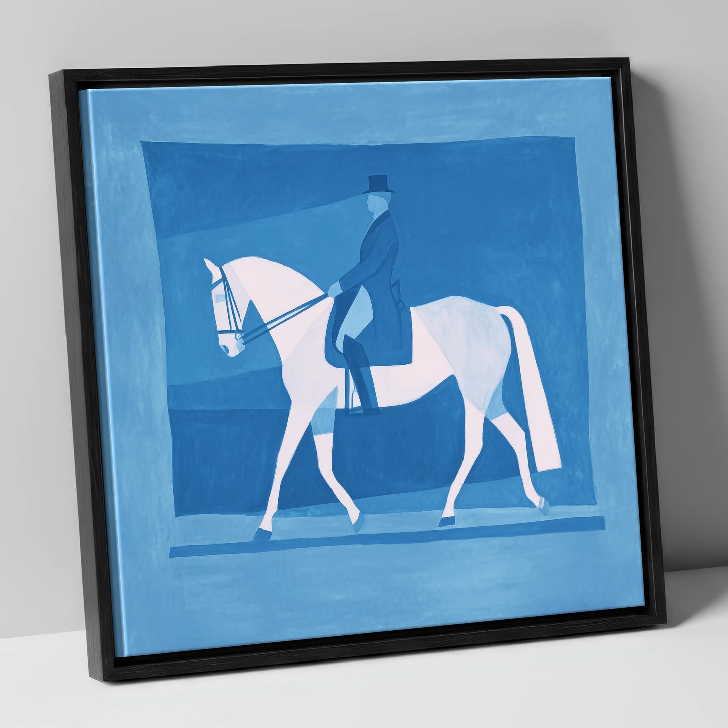 Blue Dressage Silhouette dressage horse canvas wall art in black frame