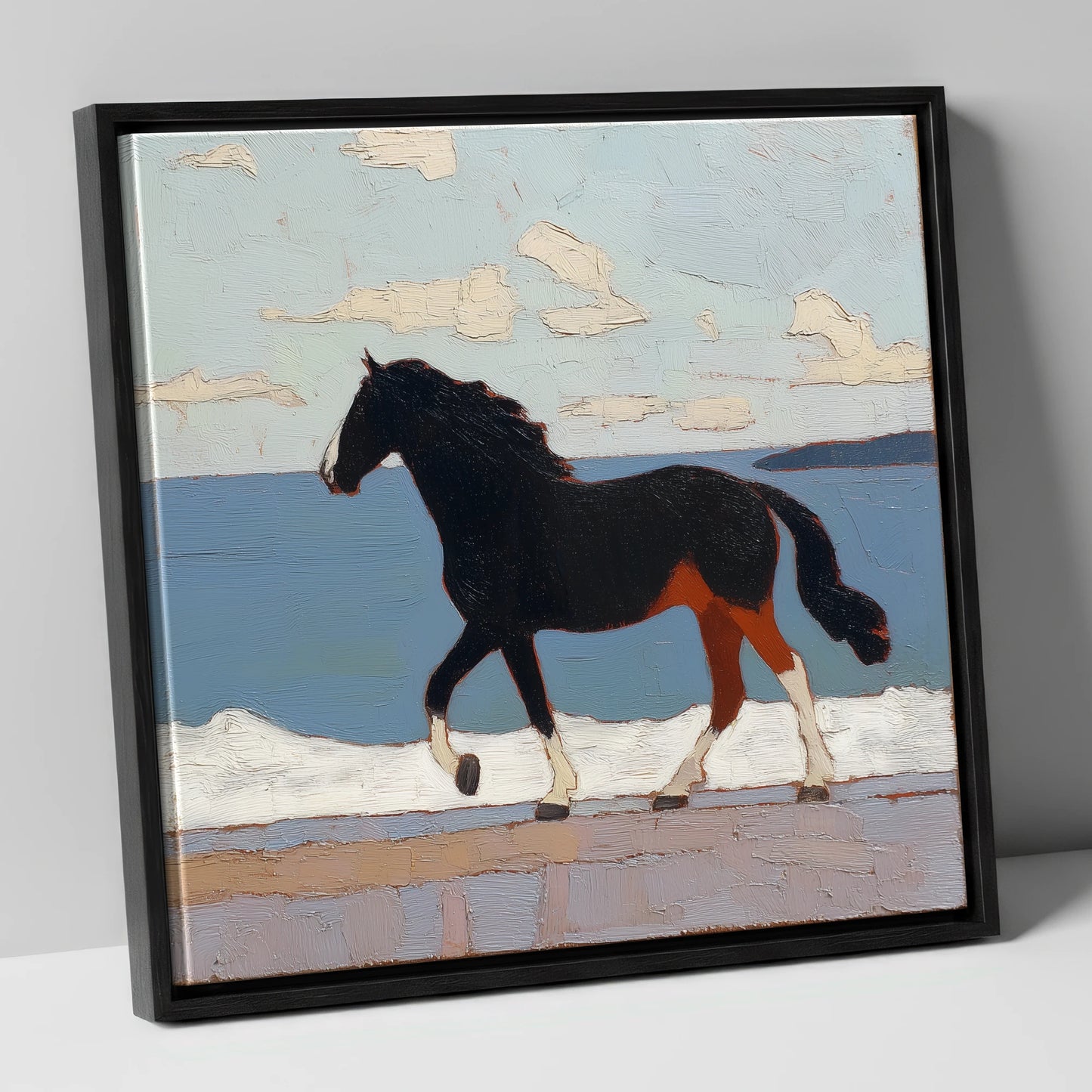 Seaside Stride horse landscape canvas wall art in black frame