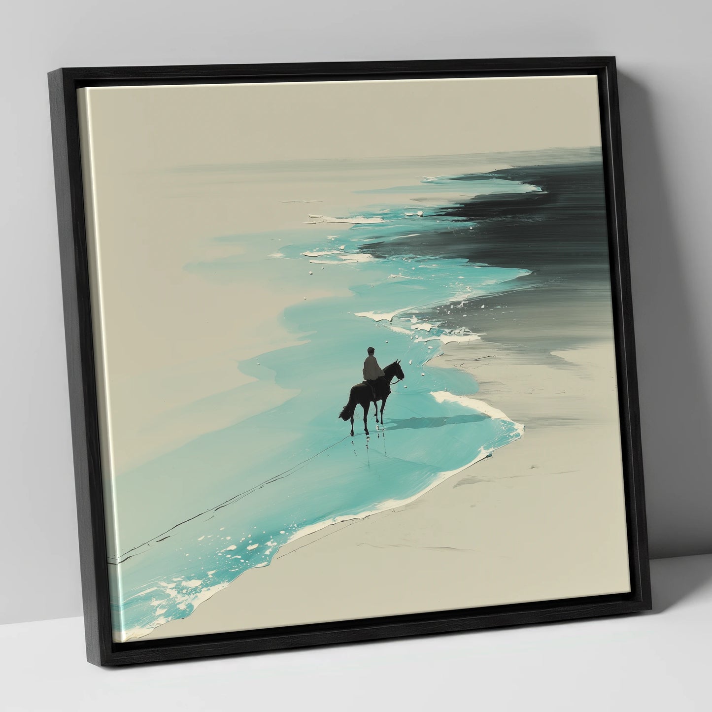 Edge of the Tide horse landscape canvas wall art in black frame