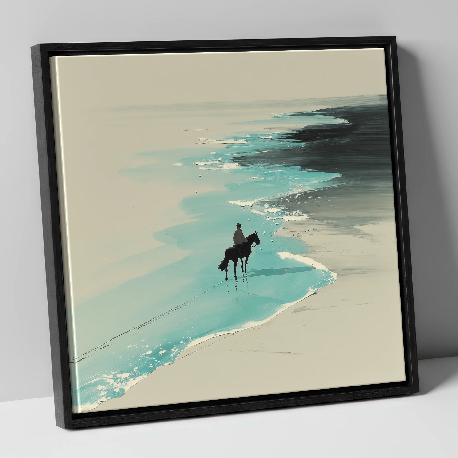 Edge of the Tide horse landscape canvas wall art in black frame