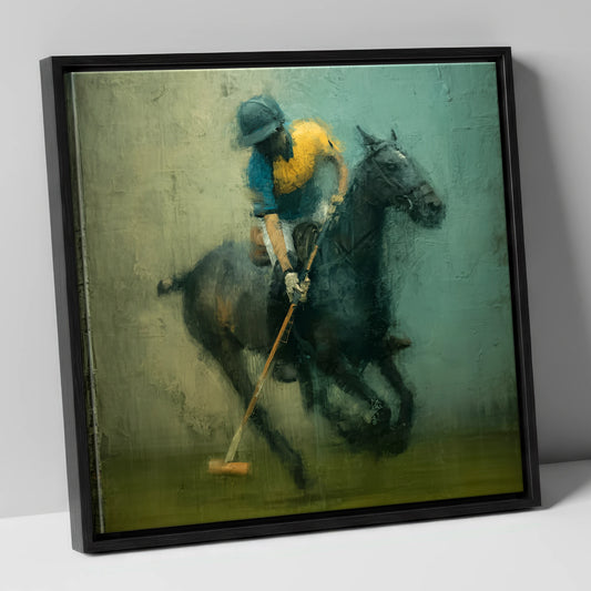 Midfield Strike polo horse canvas wall art in black frame