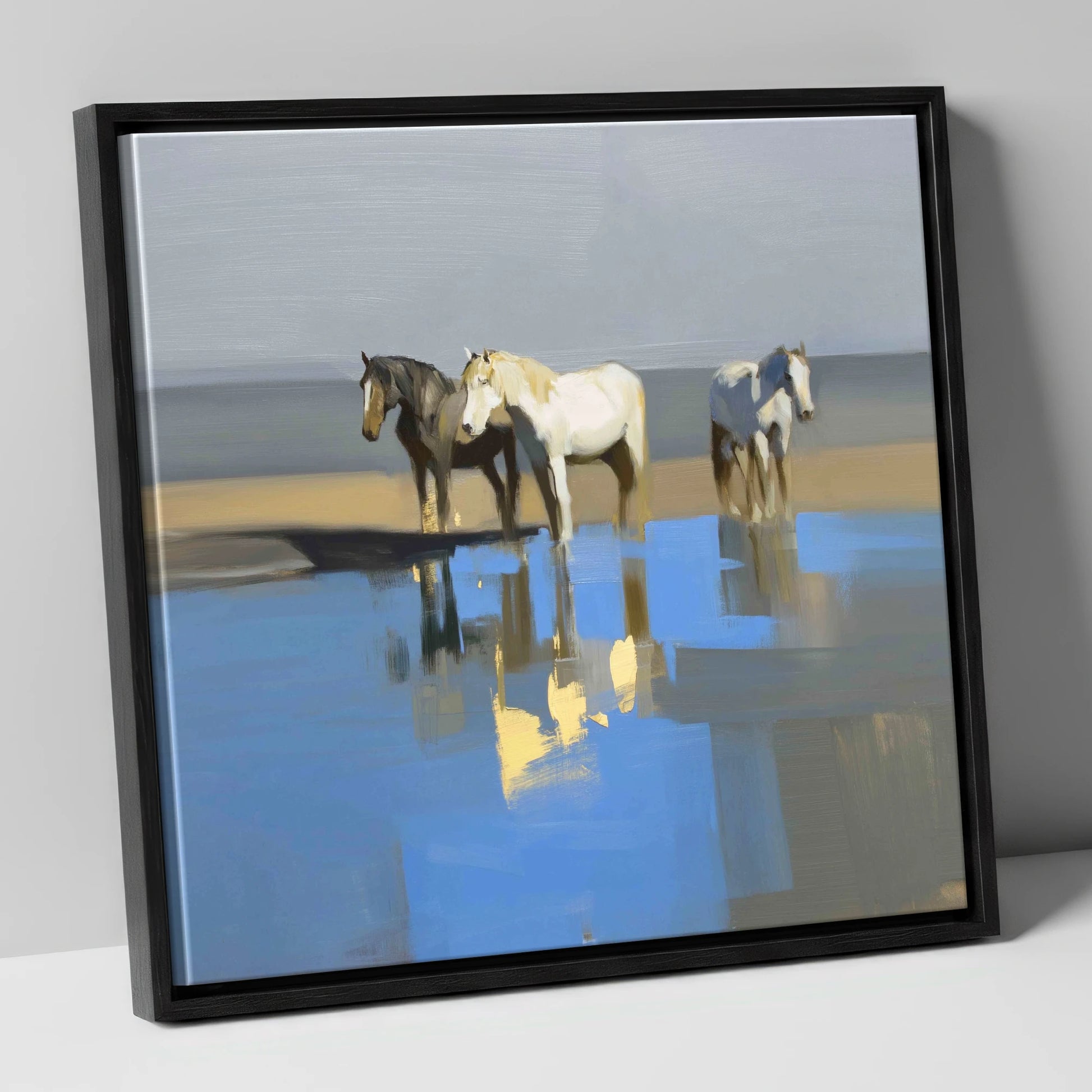 Azure Shore Reflections wild horses canvas wall art in black frame