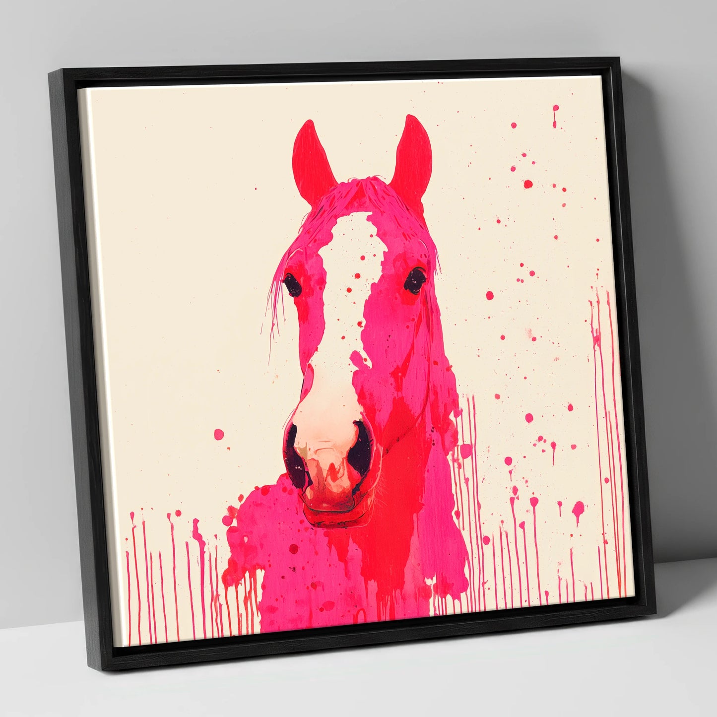 Vibrant Magenta Blaze horse portrait canvas wall art in black frame