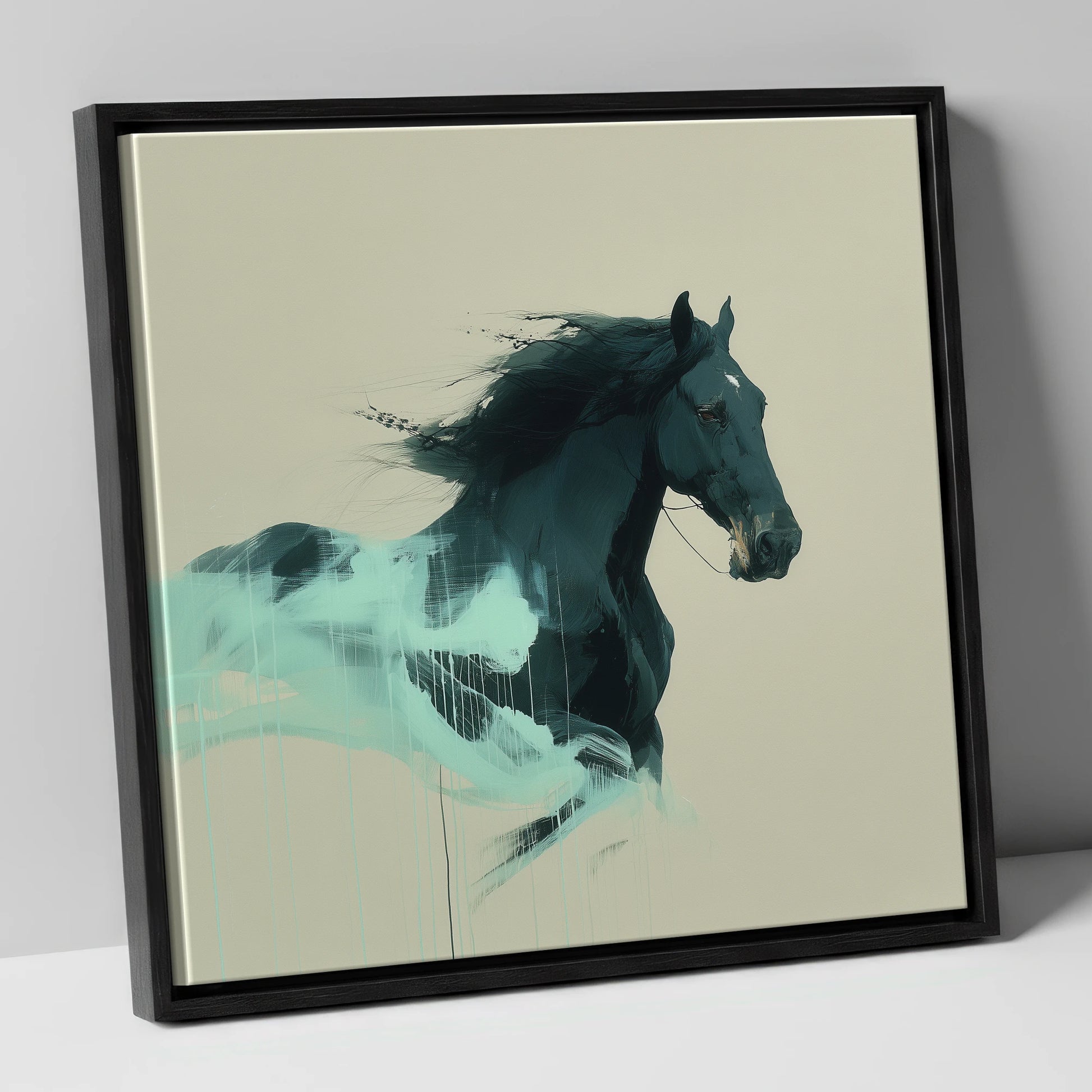 Midnight Teal Momentum horse breed canvas wall art in black frame
