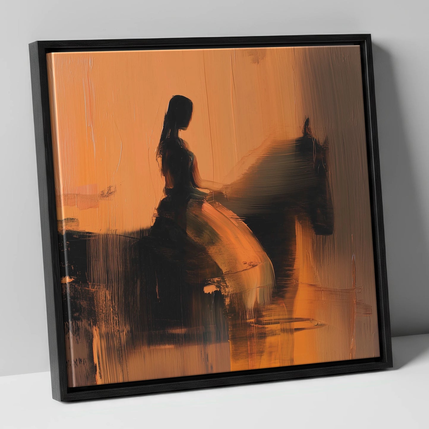 Elegance in Amber horse & rider canvas wall art in black frame