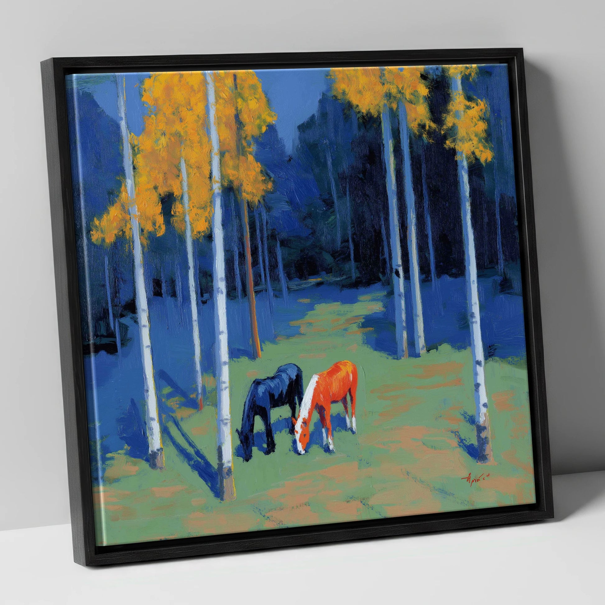 Birch Grove Grazing horse landscape canvas wall art in black frame