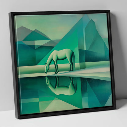 Emerald Geometric Serenity horse landscape canvas wall art in black frame