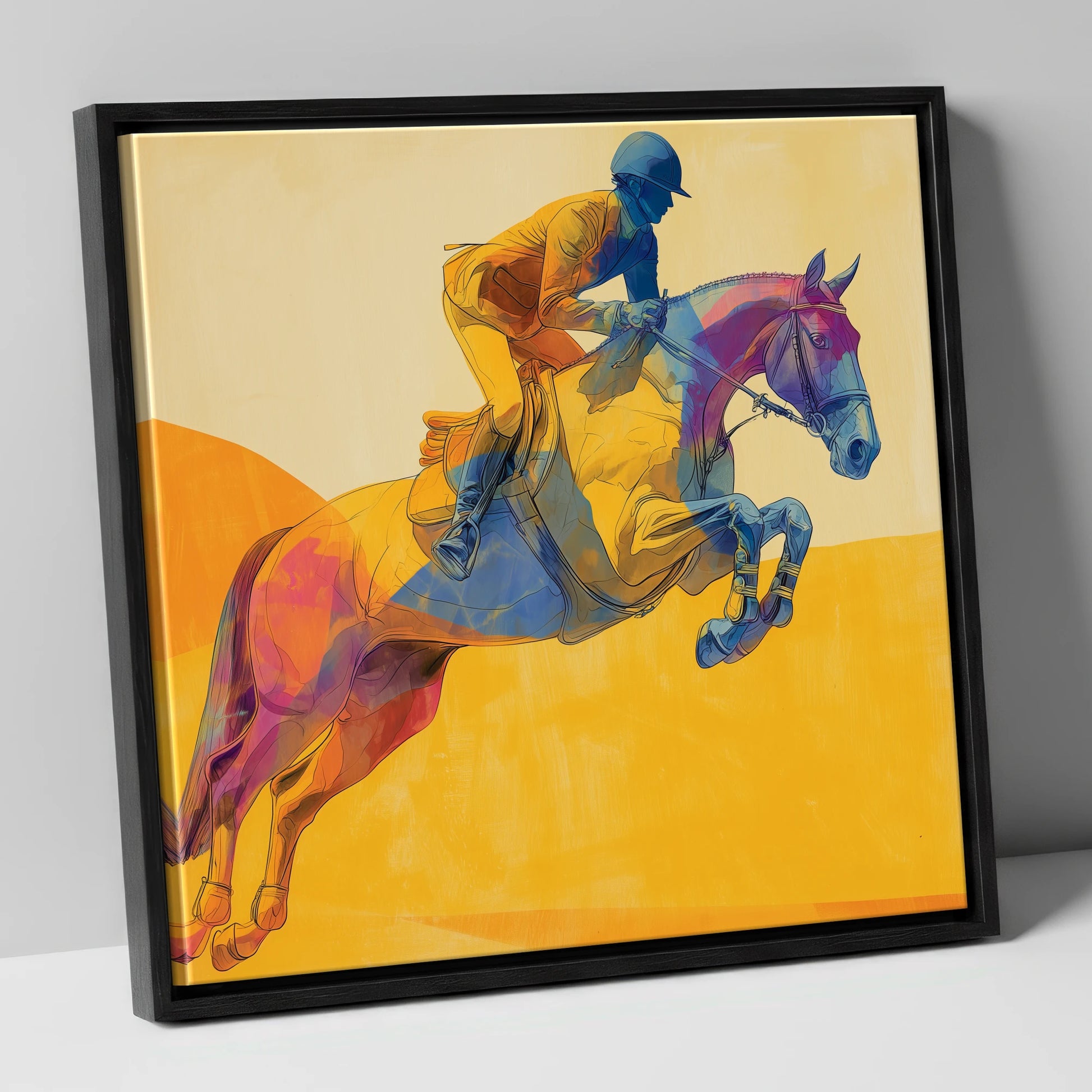 Flight Over Gold show jumping horse canvas wall art in black frame
