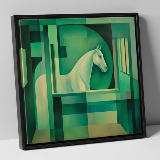 Emerald Stall Gaze horse stable canvas wall art in black frame