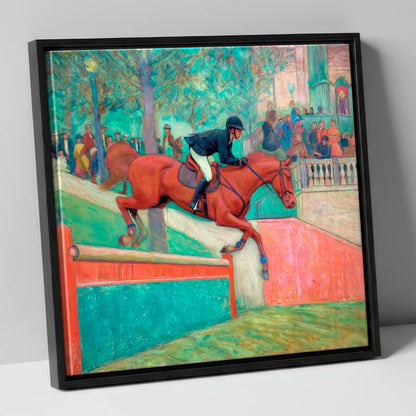 The Emerald Leap show jumping horse canvas wall art in black frame