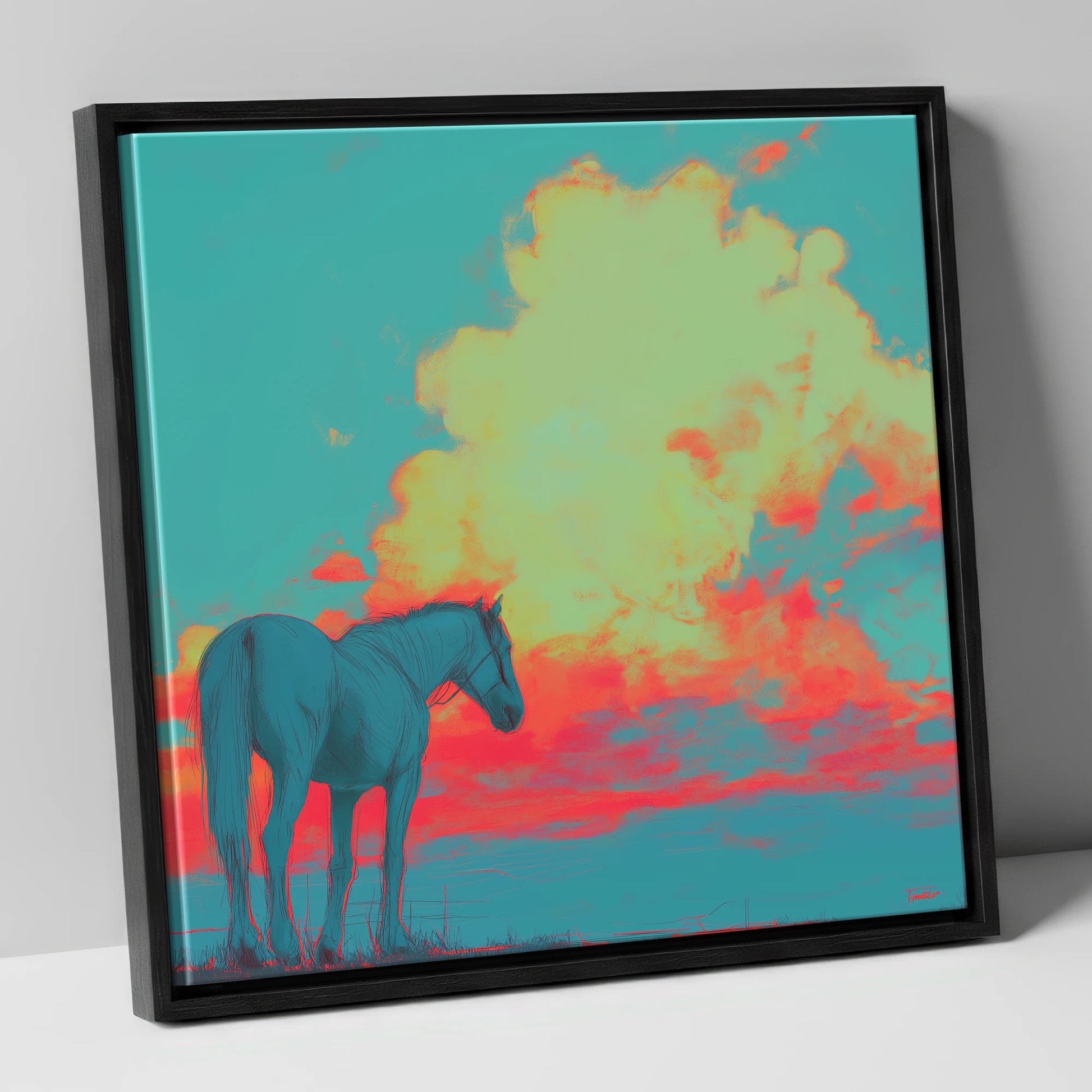 Teal Sunset Horizon horse landscape canvas wall art in black frame
