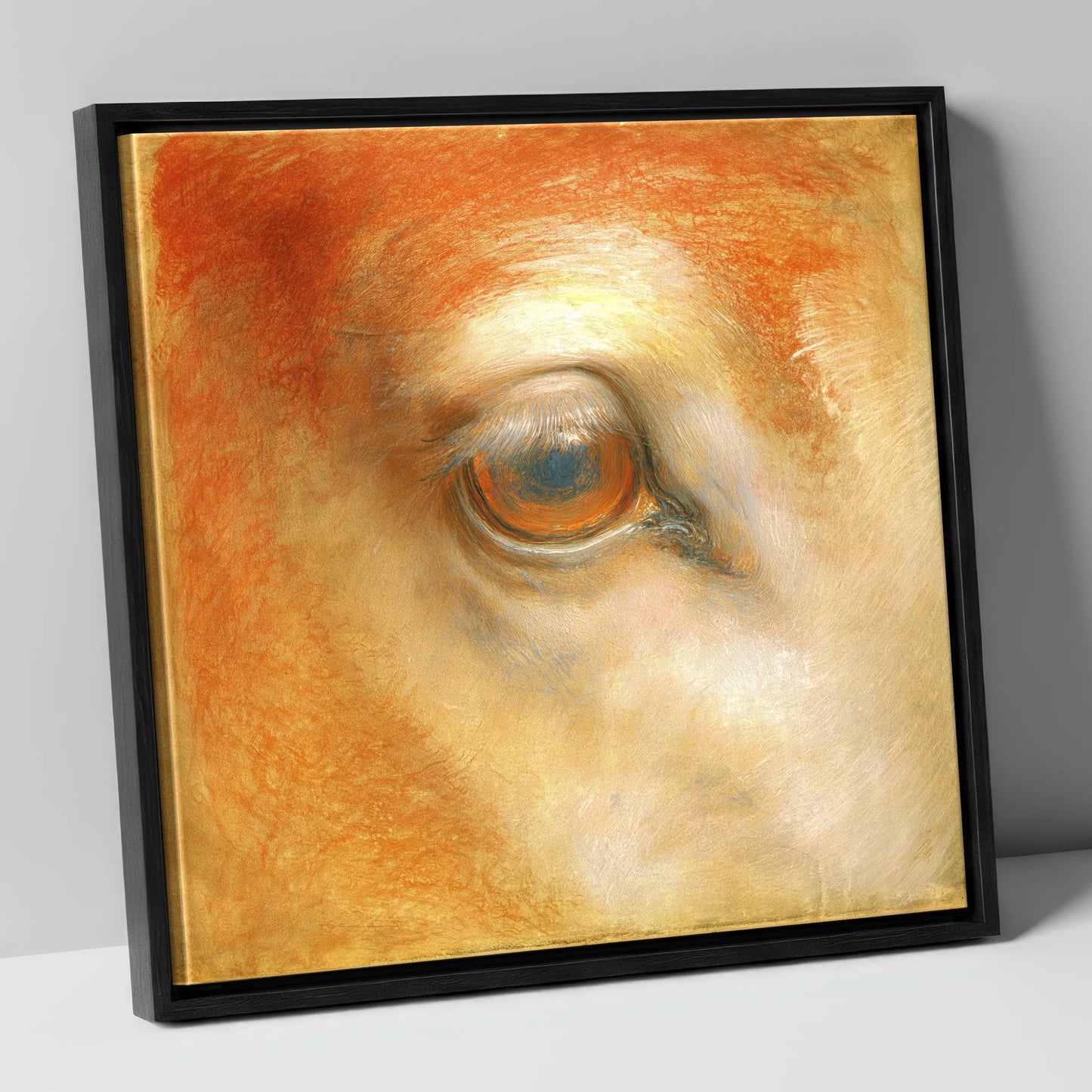 The Amber Gaze horse portrait canvas wall art in black frame