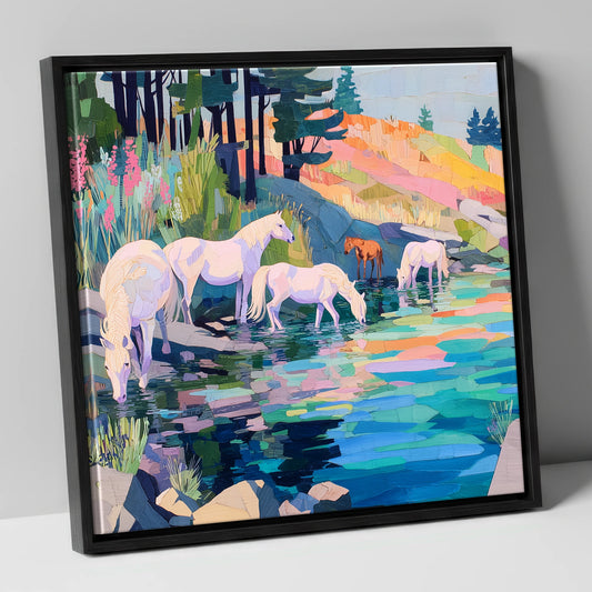 Kaleidoscope Watering Hole wild horses canvas wall art in black frame