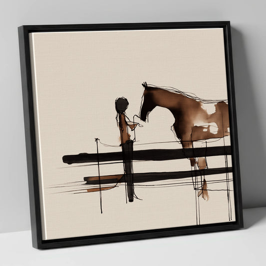 Connection at the Fence horse & rider canvas wall art in black frame