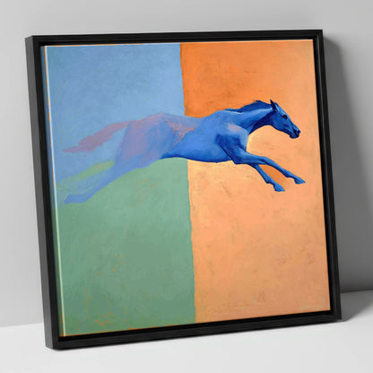 Cobalt Stretch racing horse canvas wall art in black frame