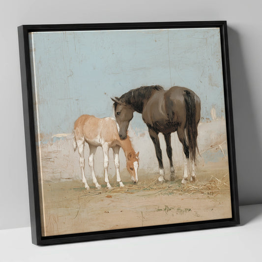 A Quiet Bond mare & foal canvas wall art in black frame