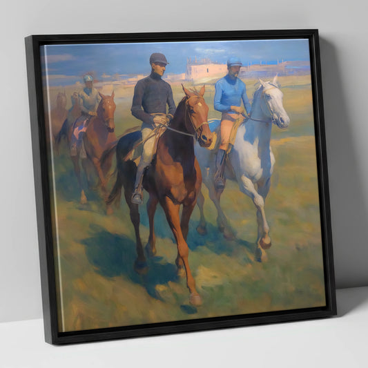 The Dawn String racing horse canvas wall art in black frame