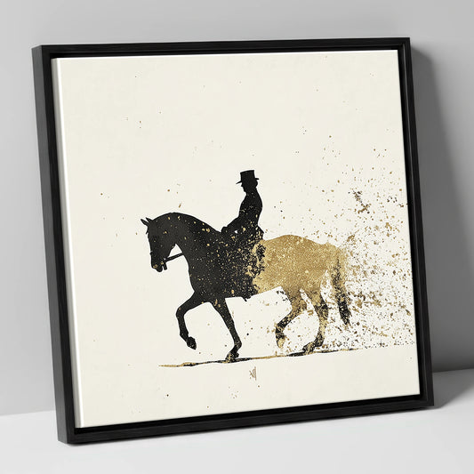 The Golden Passage dressage horse canvas wall art in black frame