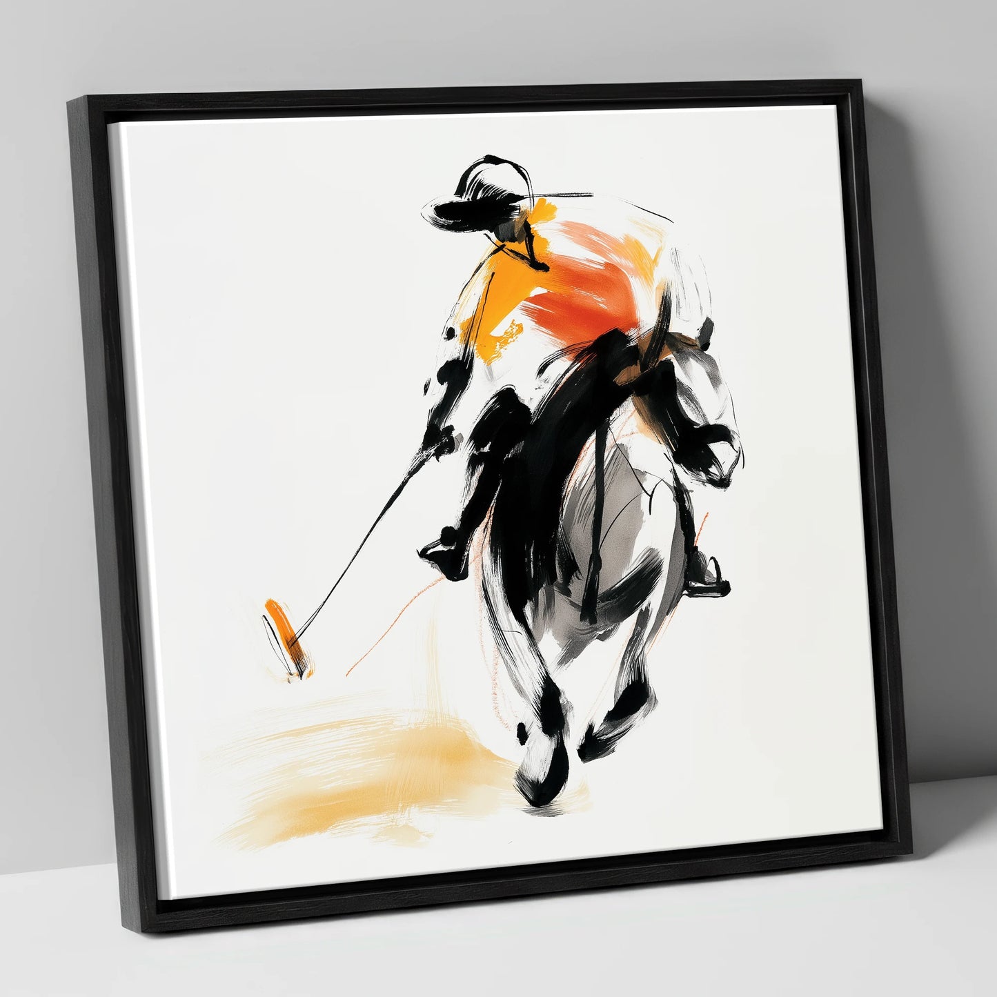 Amber Strike polo horse canvas wall art in black frame