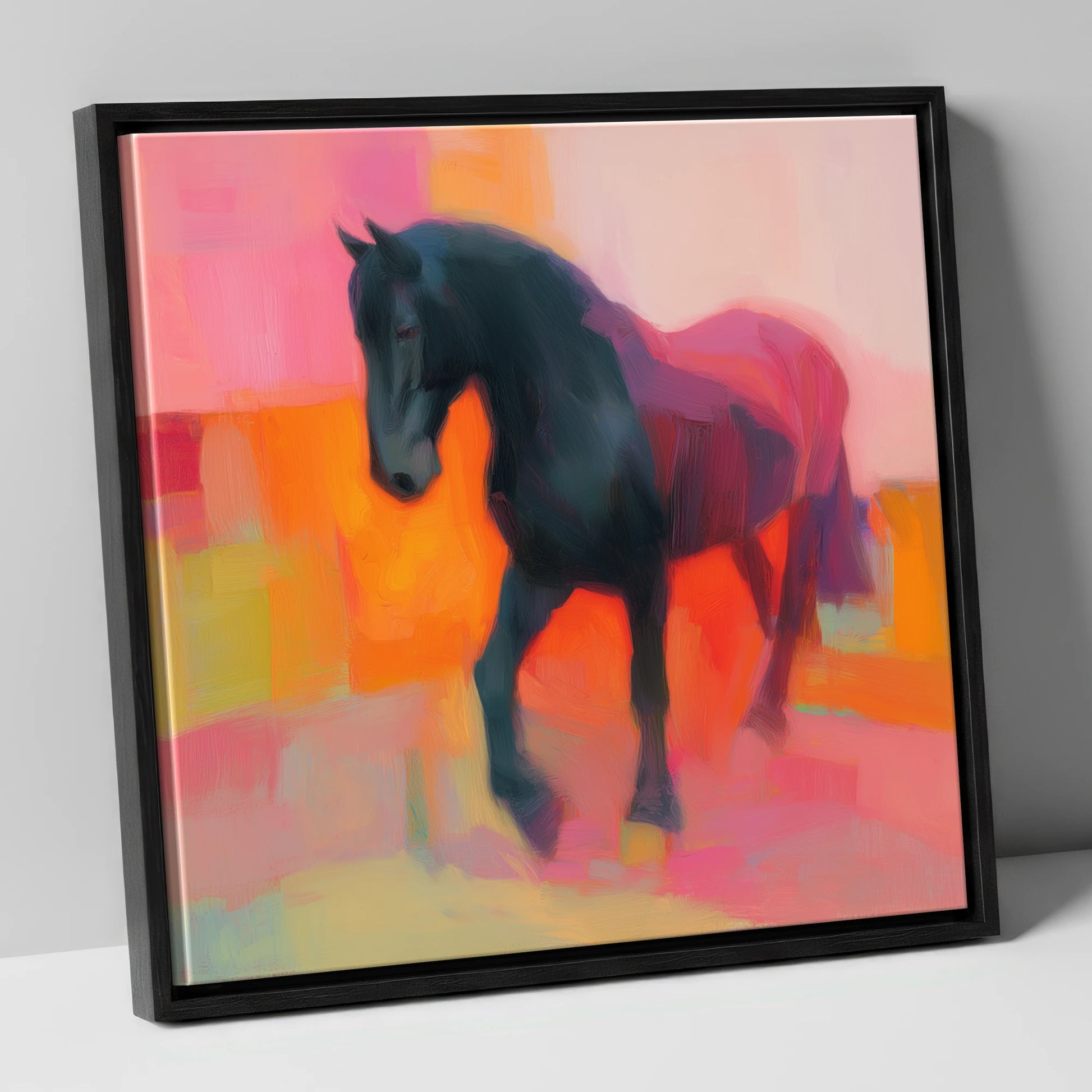 Charcoal and Coral Stride horse breed canvas wall art in black frame