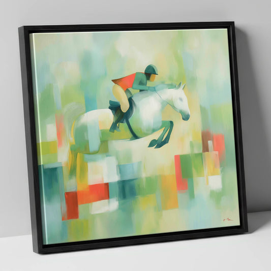 Clearing the Colours show jumping horse canvas wall art in black frame