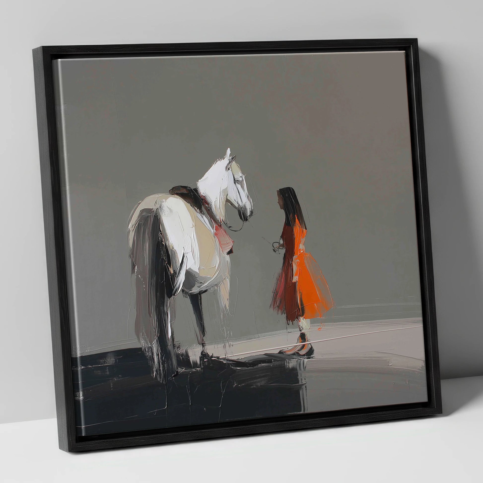 A Silent Dialogue horse & rider canvas wall art in black frame