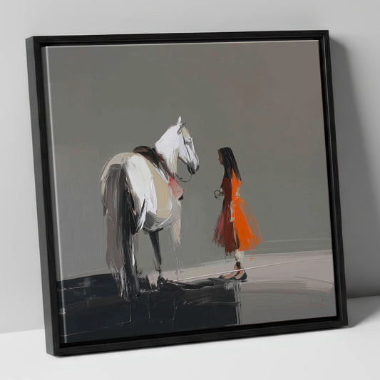 A Silent Dialogue horse & rider canvas wall art in black frame