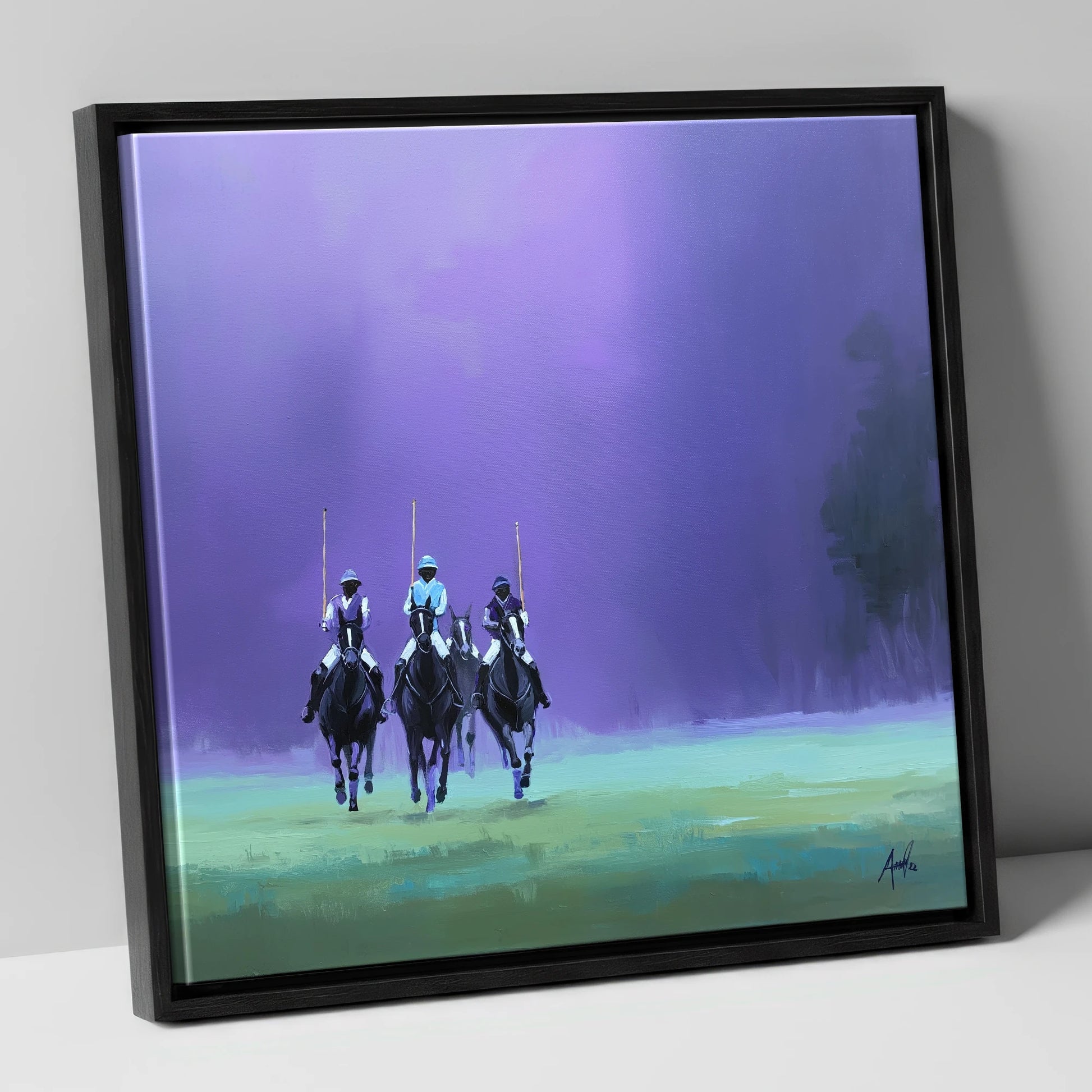 The Violet Charge polo horse canvas wall art in black frame