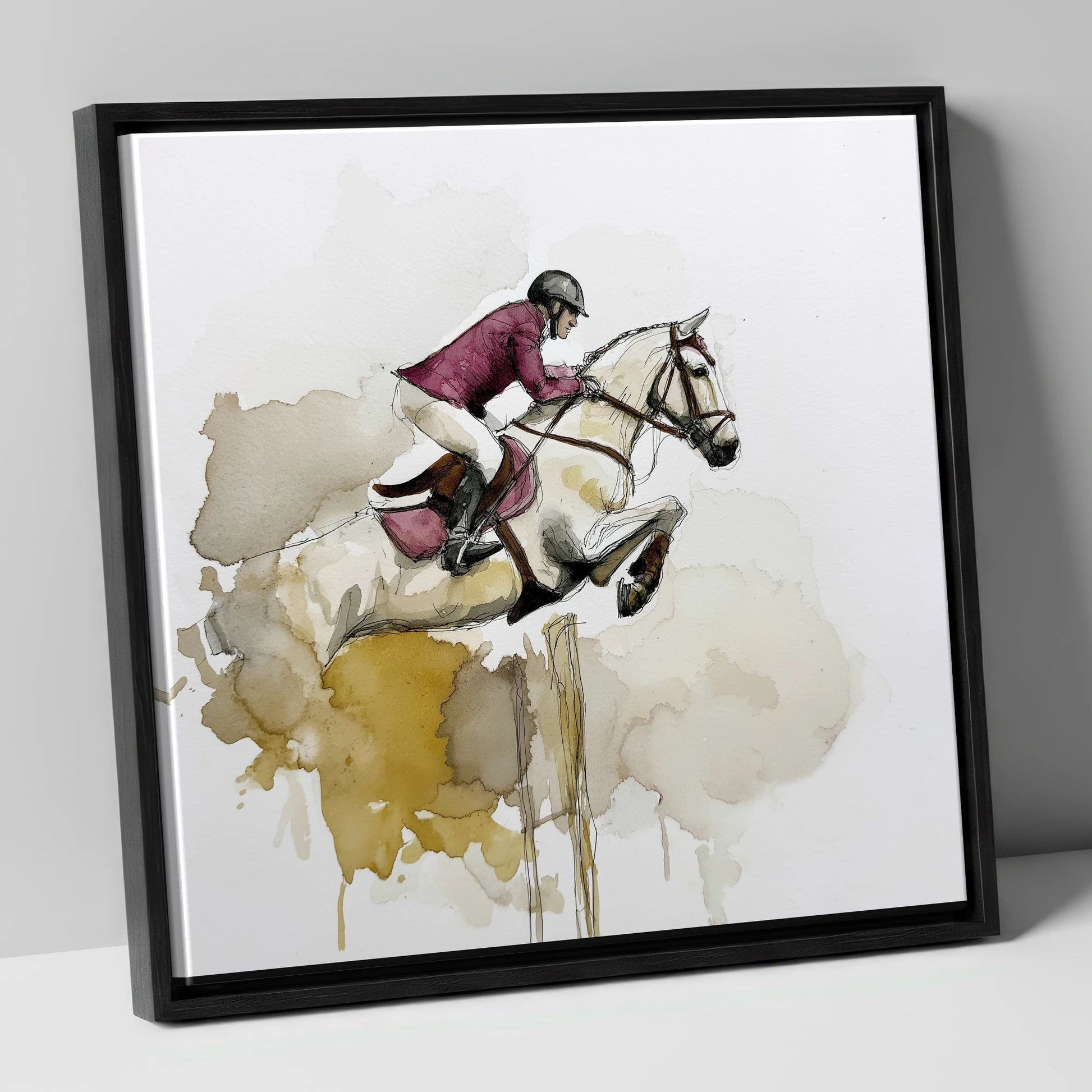 Suspended Elegance show jumping horse canvas wall art in black frame