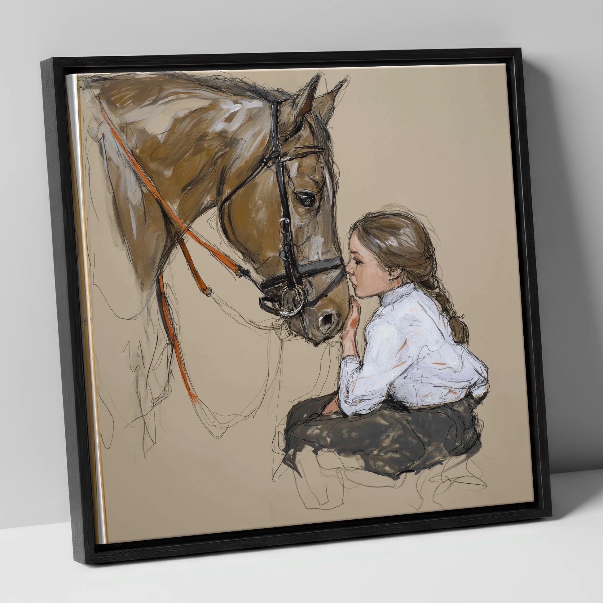 A Quiet Understanding horse & rider canvas wall art in black frame