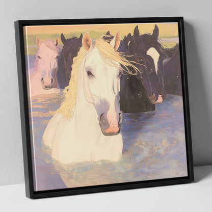 Luminous River Herd wild horses canvas wall art in black frame