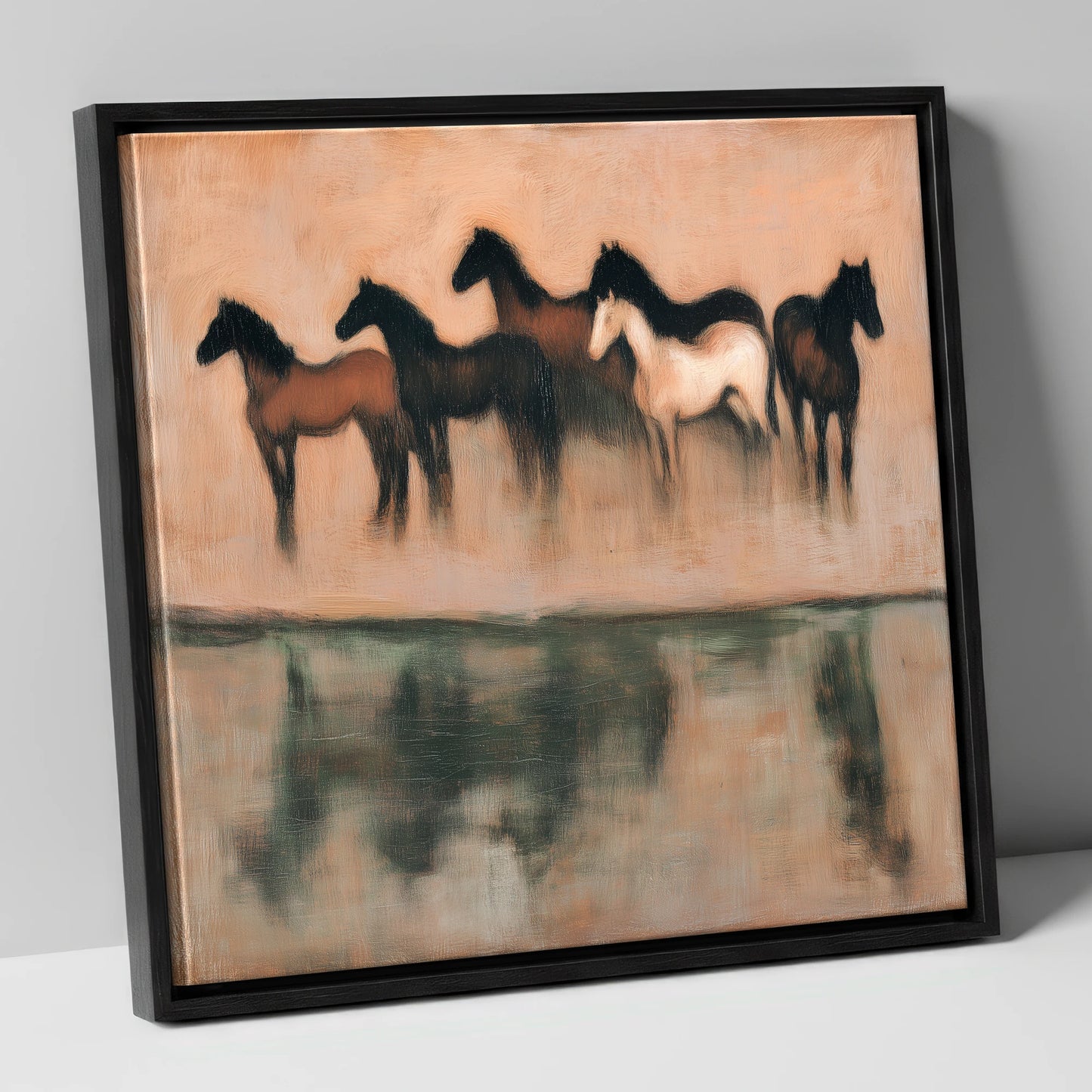 Shadows of the Herd wild horses canvas wall art in black frame