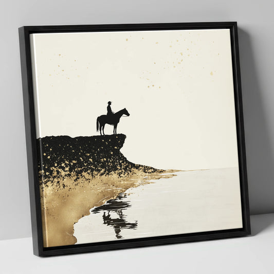 Golden Shores Silhouette beach horse canvas wall art in black frame