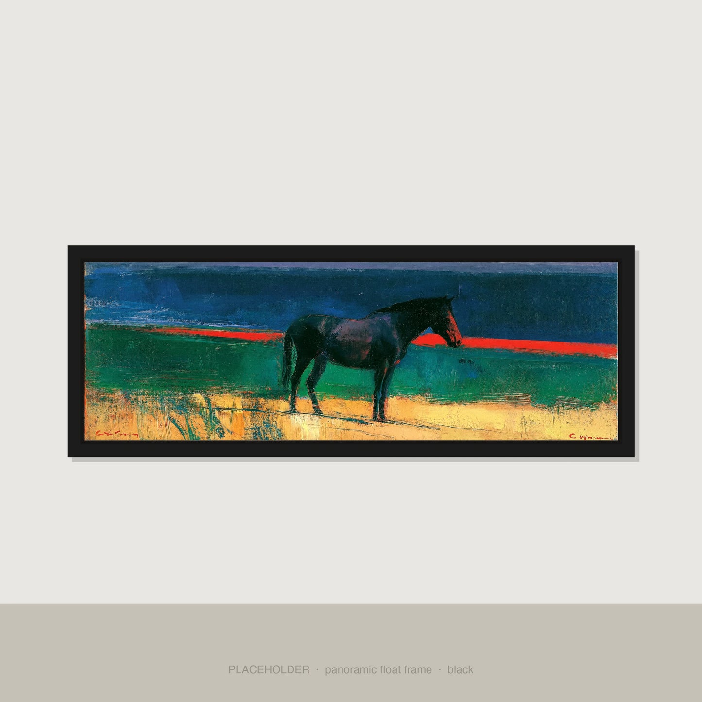 The Crimson Horizon Horse Landscape panoramic canvas wall art in black float frame