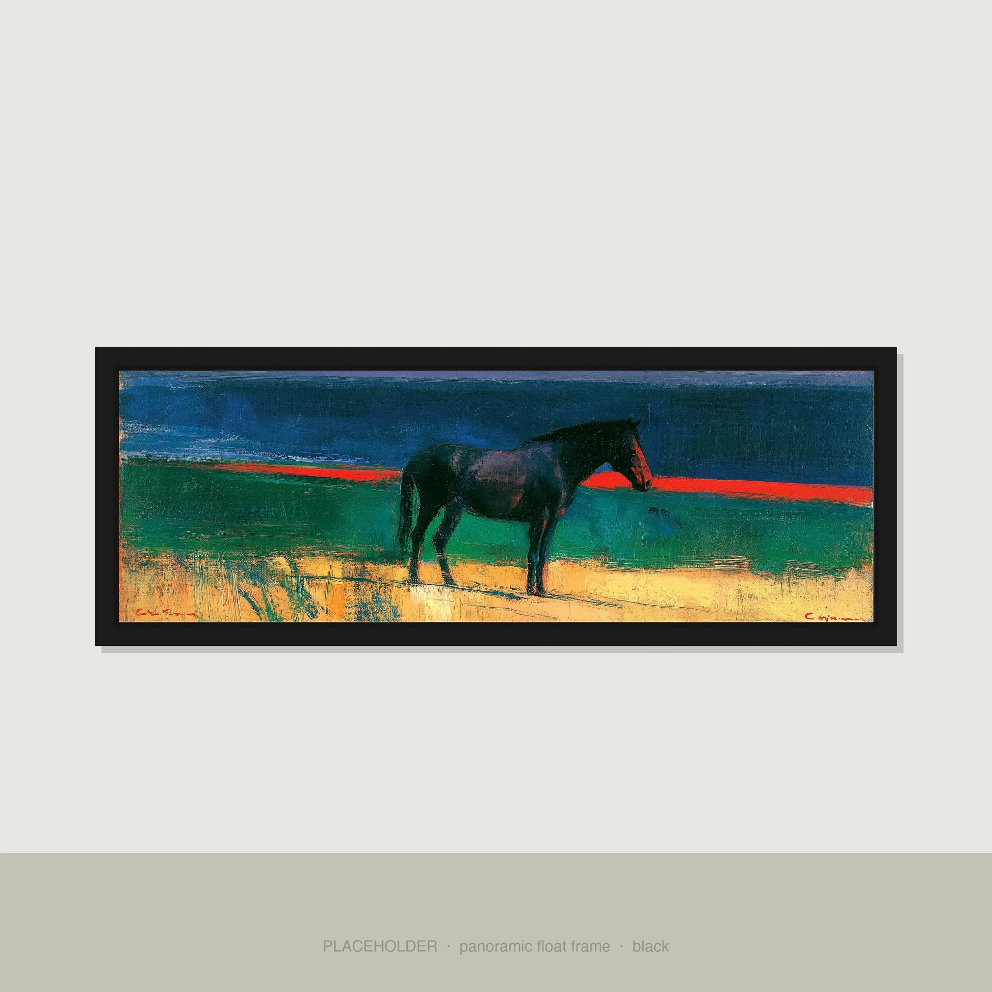 The Crimson Horizon Horse Landscape panoramic canvas wall art in black float frame