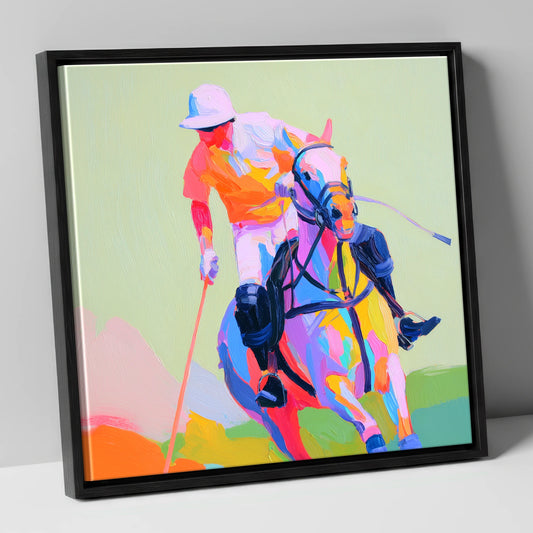 Technicolour Drive polo horse canvas wall art in black frame