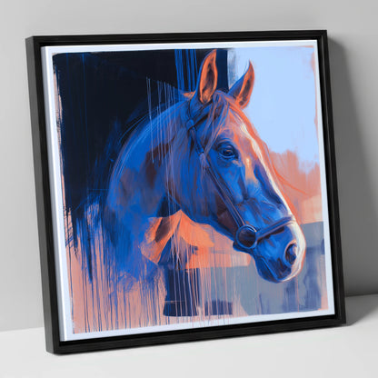 Cobalt and Apricot Light horse portrait canvas wall art in black frame