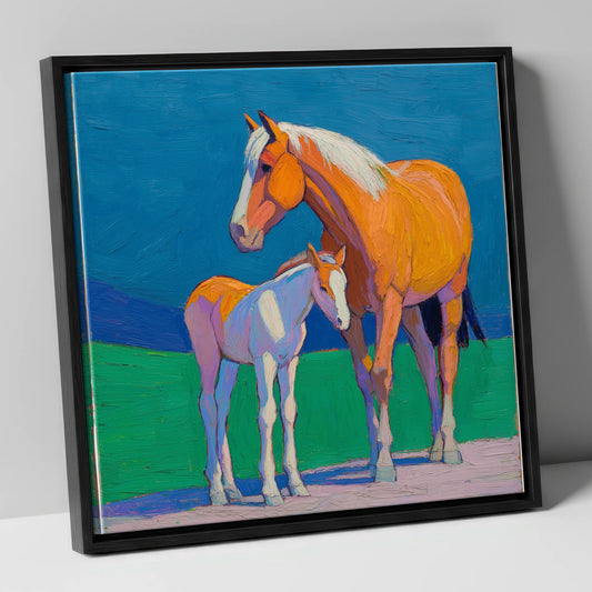 Vivid Summer Bond mare & foal canvas wall art in black frame