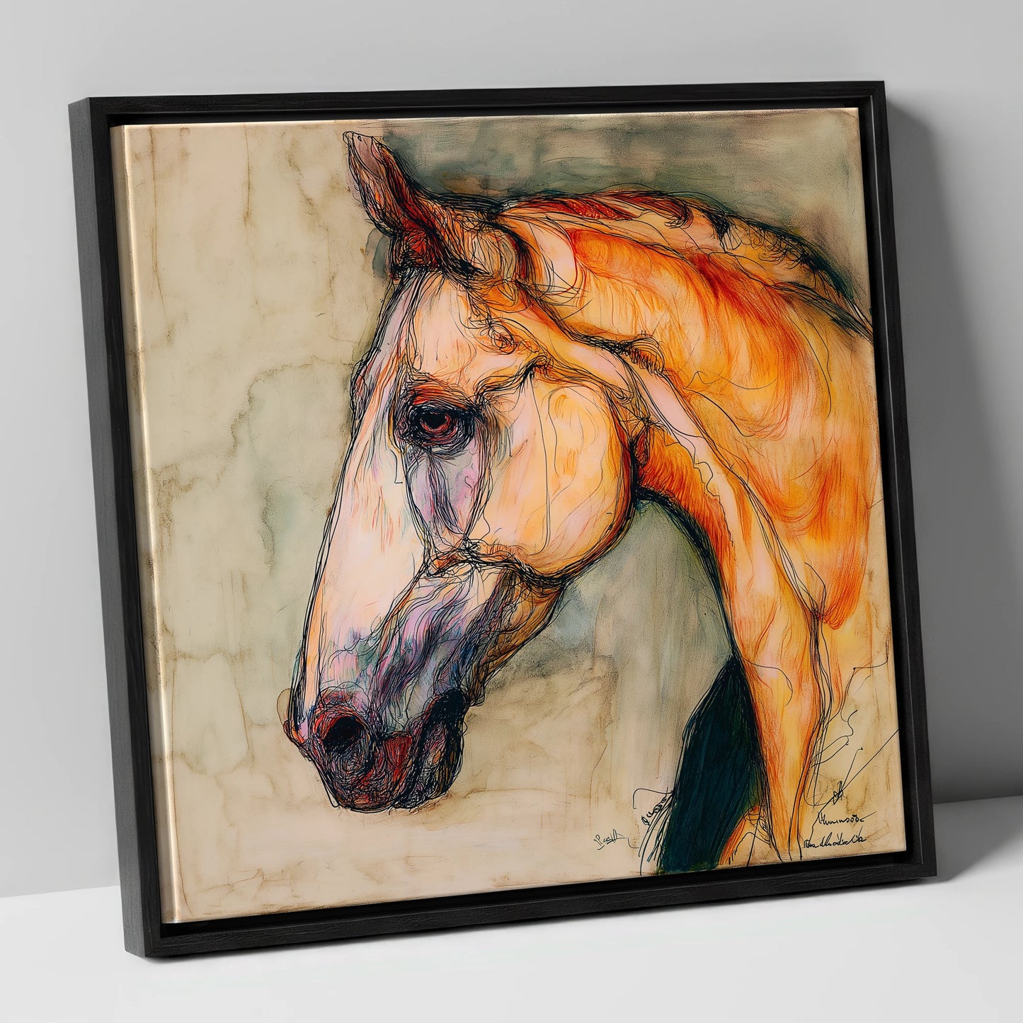 Sienna Wash Equine Study horse portrait canvas wall art in black frame