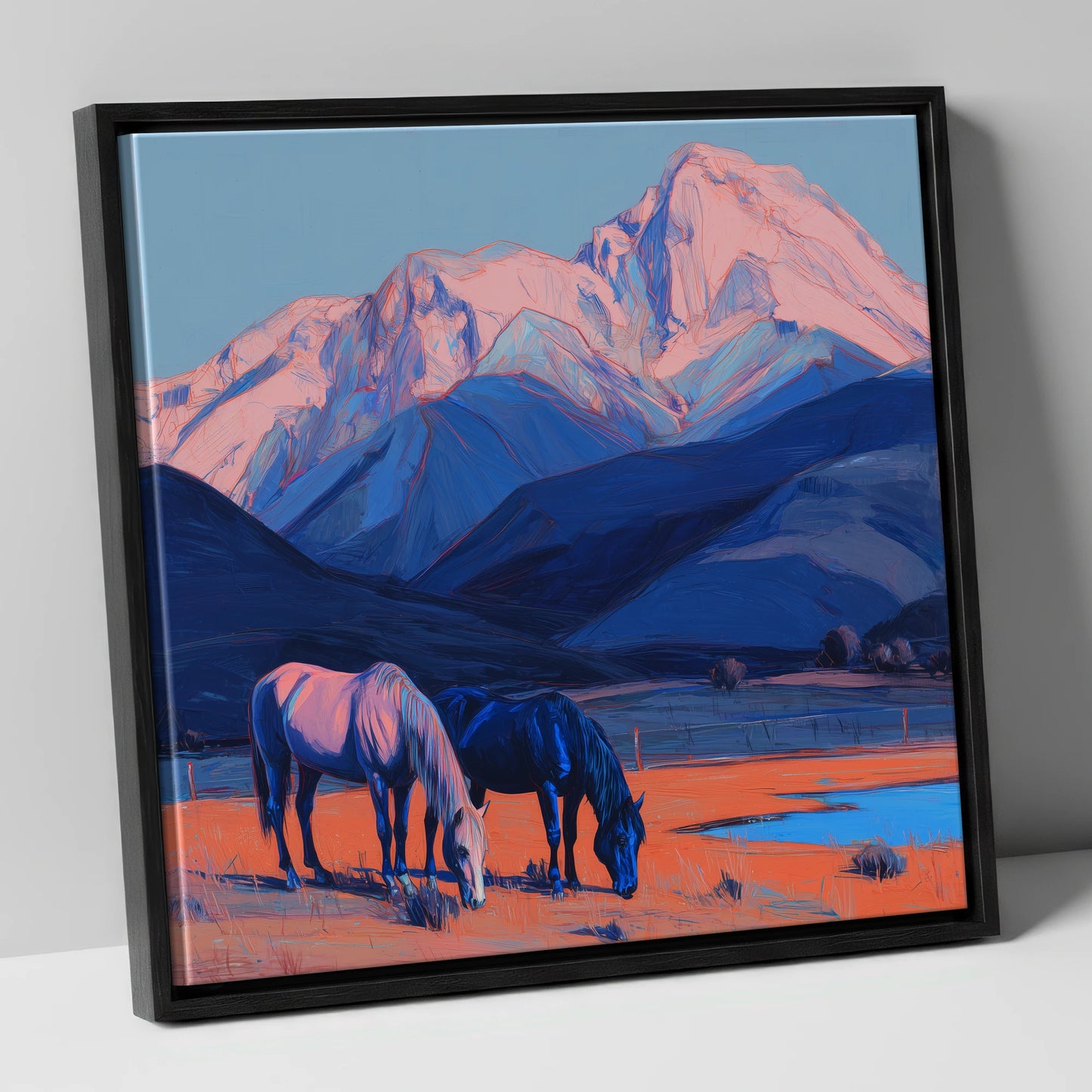 Indigo Mountain Pastures horse landscape canvas wall art in black frame