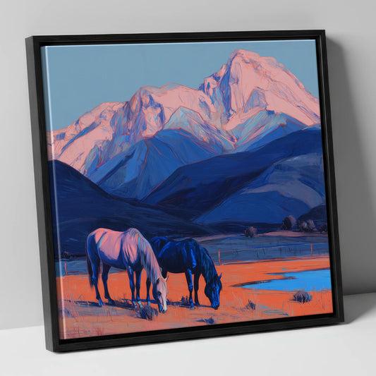 Indigo Mountain Pastures horse landscape canvas wall art in black frame