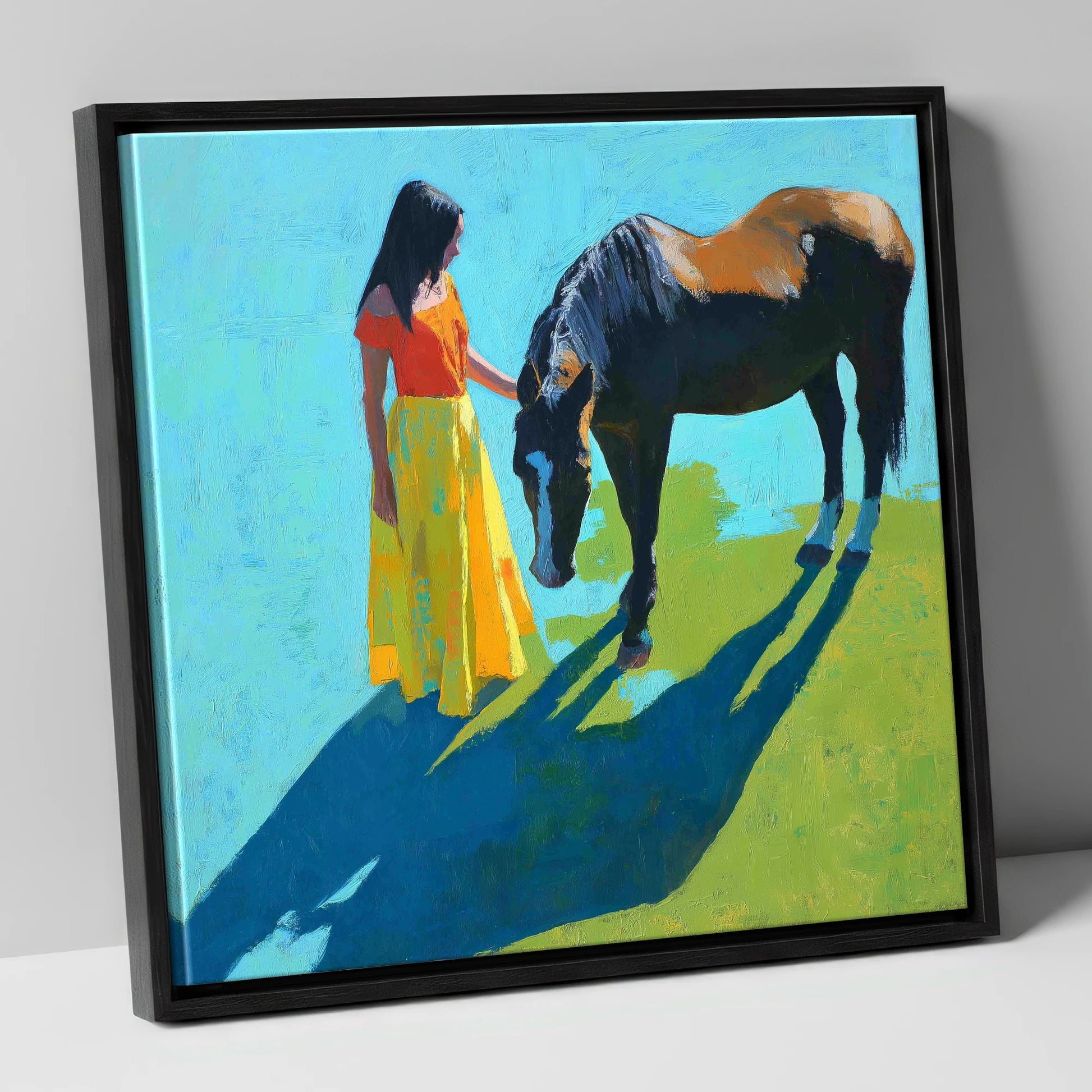 Sunlit Connection horse & rider canvas wall art in black frame