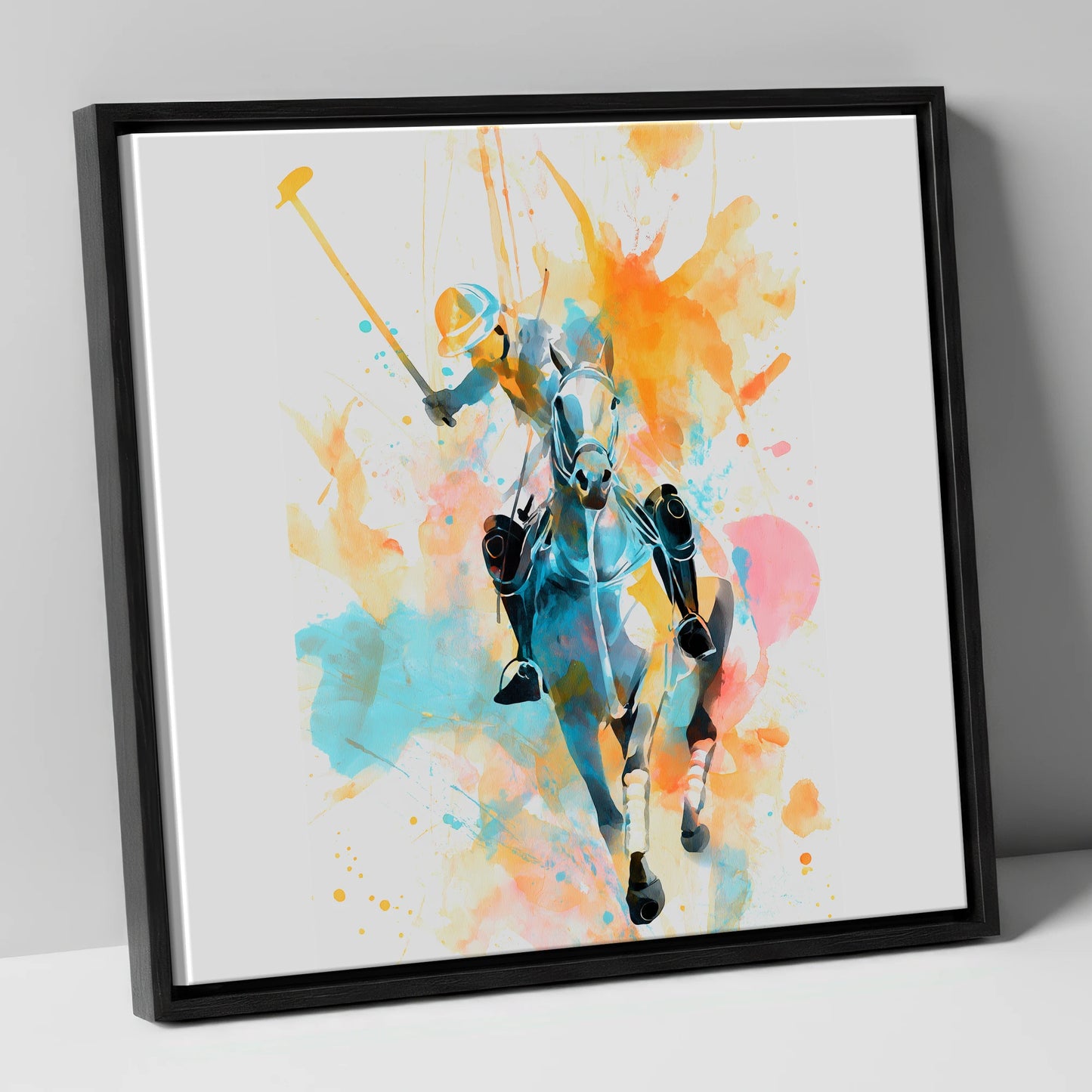 The Decisive Strike polo horse canvas wall art in black frame