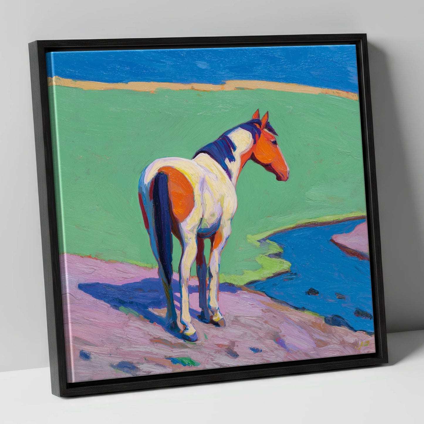Vibrant Skewbald By The River horse breed canvas wall art in black frame