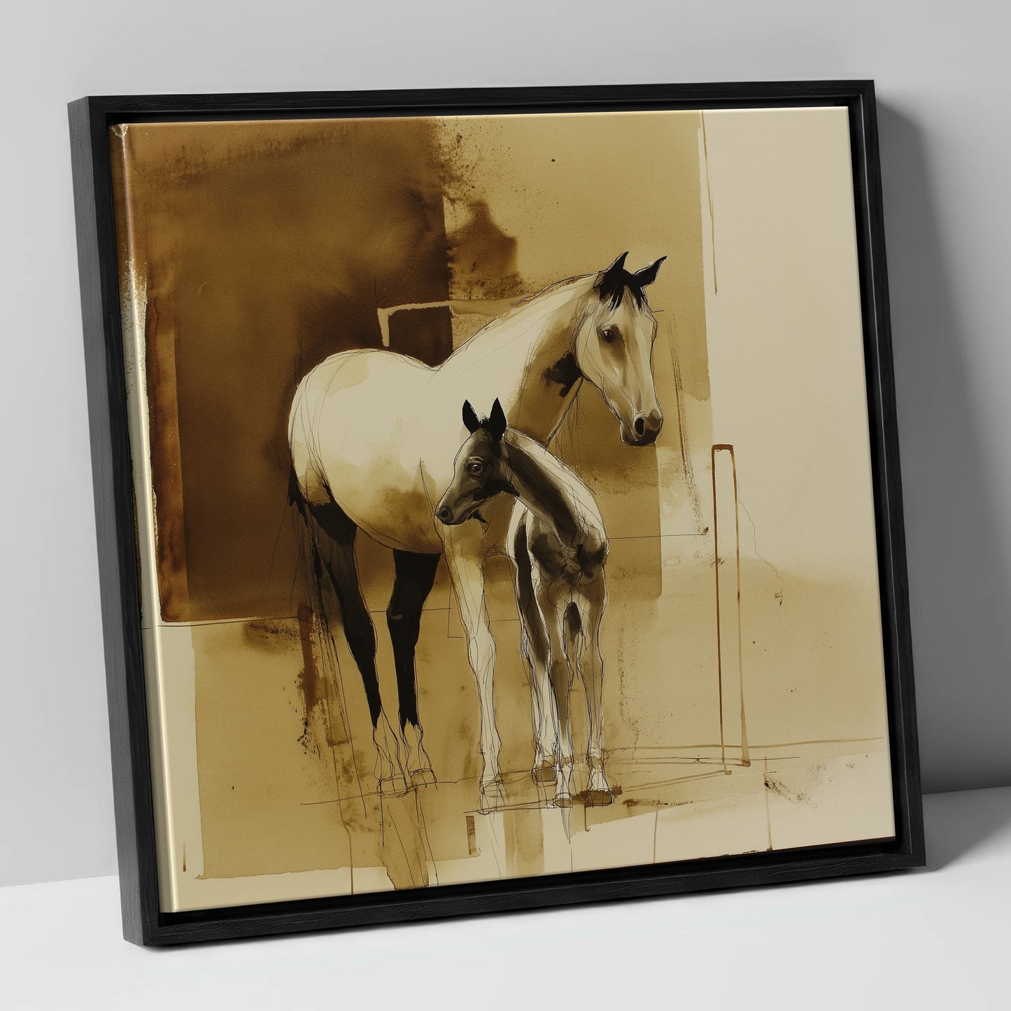 Sepia Shadows mare & foal canvas wall art in black frame