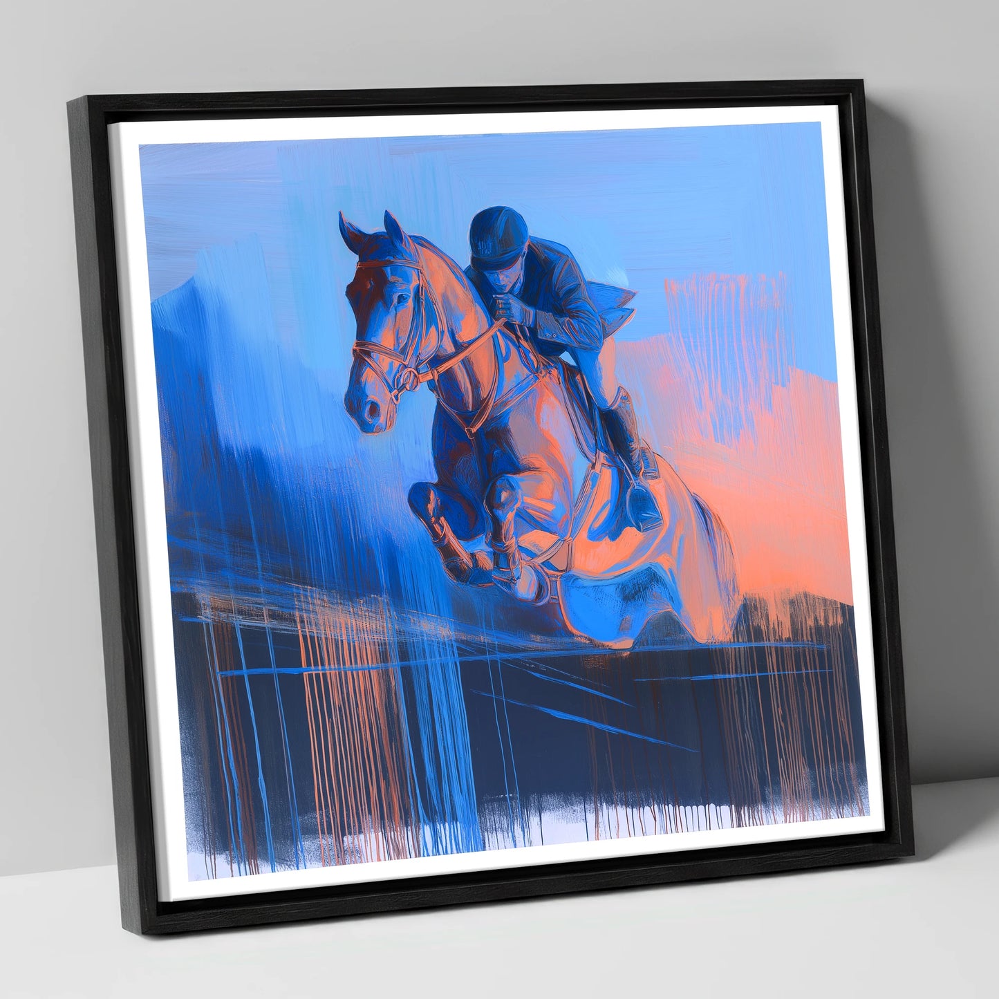 Suspended in Cobalt show jumping horse canvas wall art in black frame
