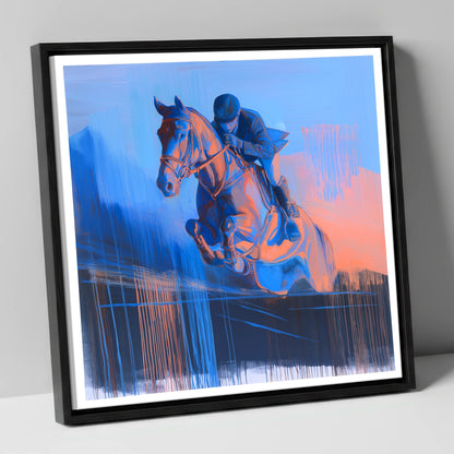 Suspended in Cobalt show jumping horse canvas wall art in black frame