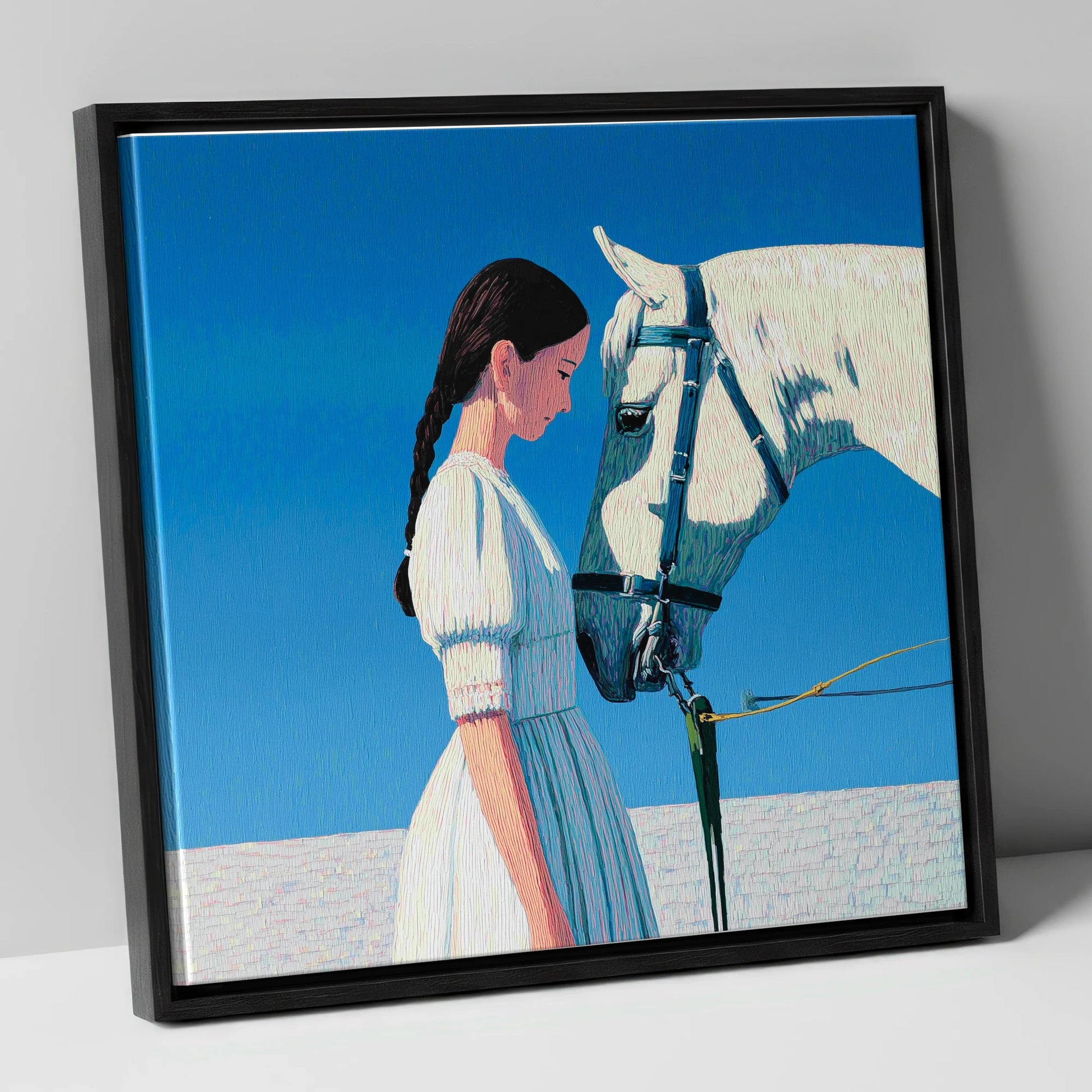 Silent Dialogue horse & rider canvas wall art in black frame