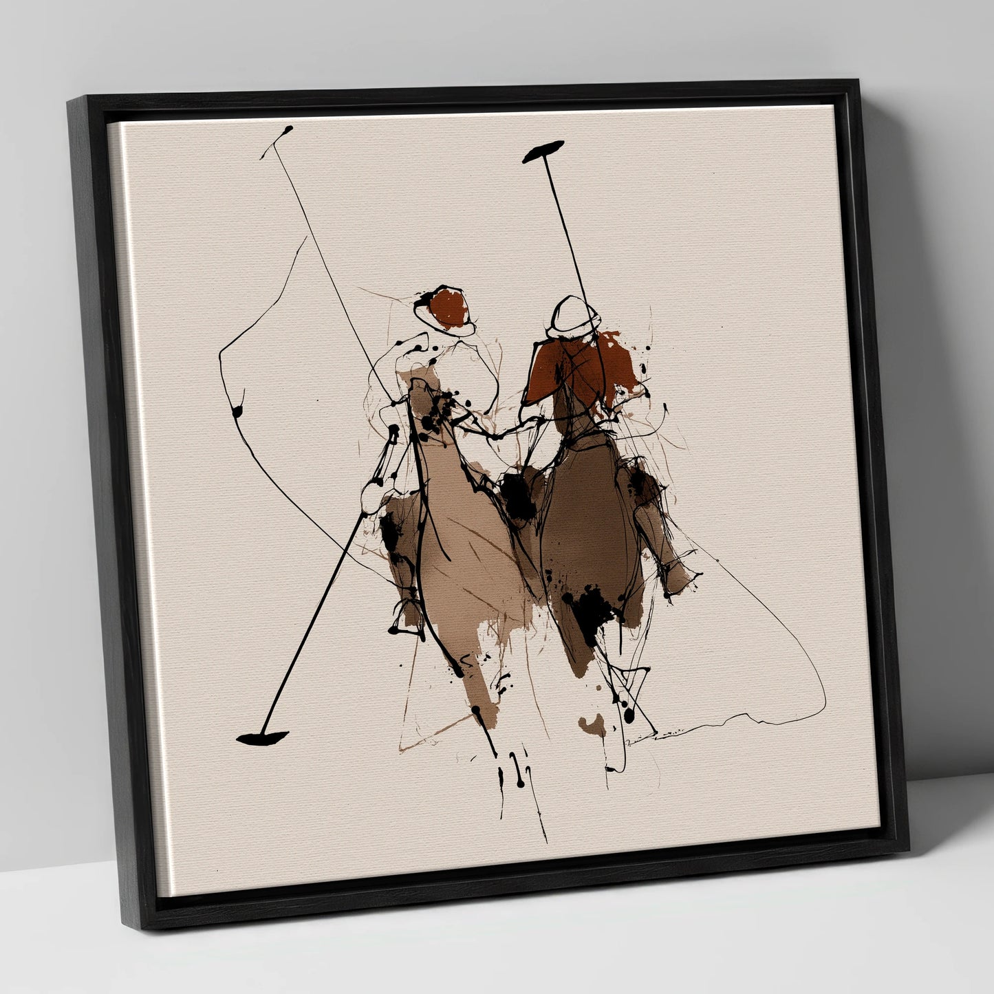Polo Pursuit polo horse canvas wall art in black frame