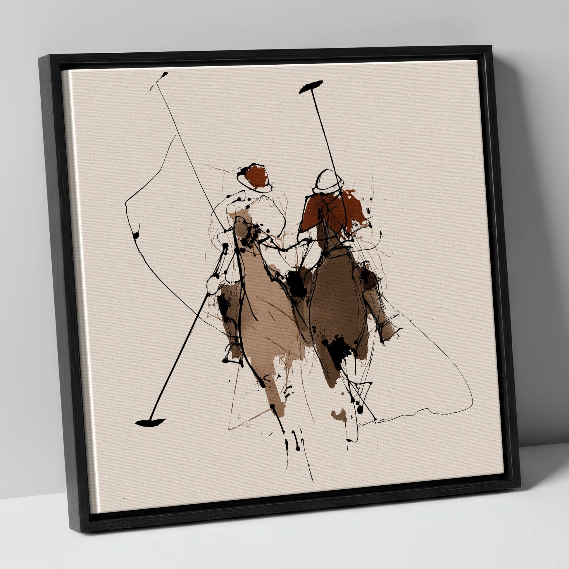 Polo Pursuit polo horse canvas wall art in black frame